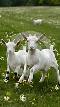 Playful farm scene Baby goats frolic in flower filled field