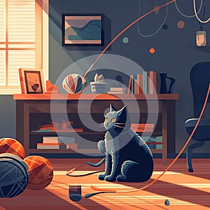 Playful Feline: Cat Enjoying Yarn in Cozy Living Room