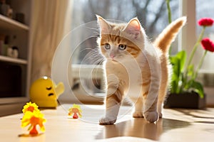 Playful Fluffy Kitten Engaged in Toy Mouse Fun