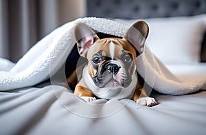 Playful French bulldog puppy lying under warm white blanket on a bed at home. Empty space for text