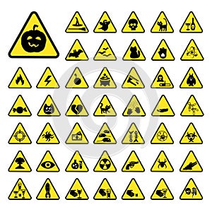 playful and funny scary warning icons and signs, yellow scary triangular warning signs