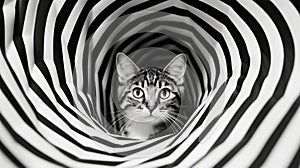 Playful Geometrics: Close-up Portrait Of Cute Cat Kitten In Swirl Pattern Backdrop