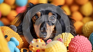 Playful german spitz klein with squeaky toys in vibrant studio