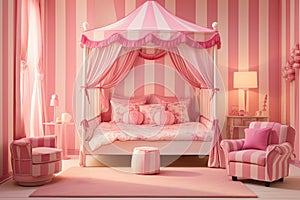 Playful girl's room reminiscent of a pink candy land. Striped pink and white walls, candy-shaped cushions, and a