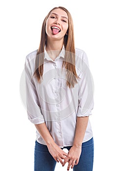 A playful girl shows me on a white isolated background