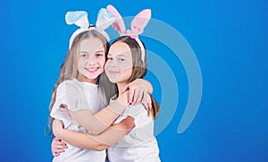 Playful girls sisters celebrate easter. Spring holiday. Happy childhood. Friendship concept. Easter vibes. Happy easter