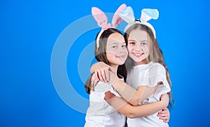 Playful girls sisters celebrate easter. Spring holiday. Happy childhood. Friendship concept. Easter vibes. Happy easter