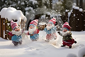 Playful gnomes engaged in a friendly snowball fight in a snowy garden, highlighting the lighthearted and whimsical side of