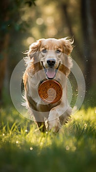 Playful Golden Retriever with Frisbee in Lush Green Park