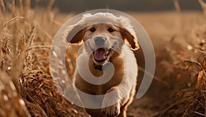 Playful golden retriever puppy running in the autumn sunlight, cheerful obedience generated by AI