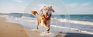 Playful Golden Retriever Running On Sandy Beach