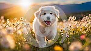 A playful Great Pyrenees puppy frolicking in a field of wildflowers photo