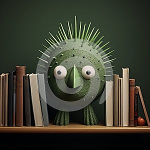 Playful Green Creature On Bookshelf: A Sharpprickly Inspired Still Life