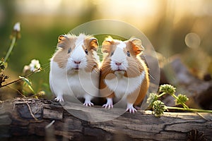 Playful Guinea Pigs in Natural Habitat - Captivating Interaction in Bright Morning Light