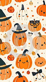 Playful halloween pumpkin faces with witch hats and accessories AI