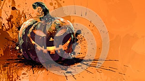 A playful Halloween pumpkin with a grunge design radiates spooky charm against an orange backdrop, inviting creative text for photo