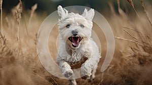 Playful happy cute smiling pet dog puppy running, jumping in the grass. Generative AI