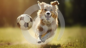 A playful happy dog is playing, running and carrying a ball.Generative AI