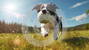 A playful happy dog is playing, running and carrying a ball.Generative AI