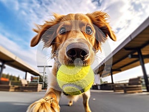 Playful happy pet dog running in the grass and playing with a tennis ball. 360 degrees camera. AI generative