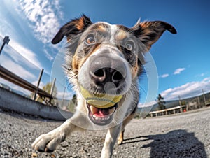 Playful happy pet dog running in the grass and playing with a tennis ball. 360 degrees camera. AI generative