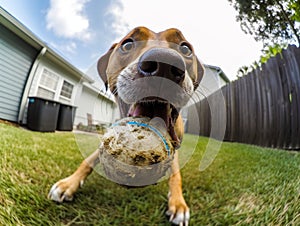 Playful happy pet dog running in the grass and playing with a tennis ball. 360 degrees camera. AI generative
