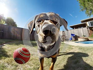 Playful happy pet dog running in the grass and playing with a tennis ball. 360 degrees camera. AI generative