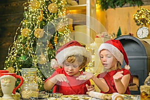 Playful holiday bakers. Gingerbread cookie for Santa against Christmas light bokeh background. Funny children making