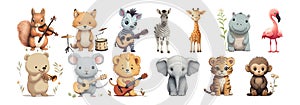 Playful Illustrated Animals Engaged in Music Squirrel Violinist, Fox Drummer, Zebra Guitarist, Giraffe Singer, Hippo