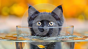 Playful illustration of a fluffy black kitten swimming in a fish tank its fluffy fur and endearing
