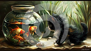 Playful illustration of a fluffy black kitten swimming in a fish tank its fluffy fur and endearing