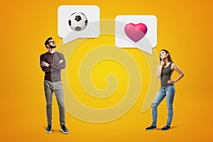 Man and woman pondering love and soccer topics