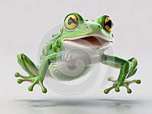 A playful image of a small frog, its bright green skin contrasting with its stark photo