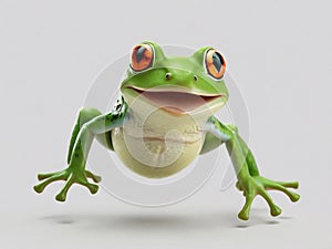 A playful image of a small frog, its bright green skin contrasting with its stark photo