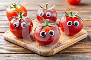 Funny tomatoes with googly eyes on cutting board photo