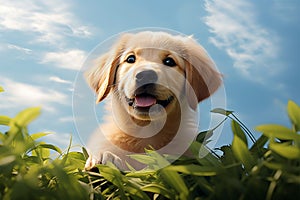 Playful innocence Cute golden retriever pup poses on vibrant greenery