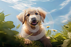 Playful innocence Cute golden retriever pup poses on vibrant greenery