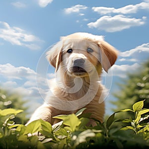 Playful innocence Cute golden retriever pup poses on vibrant greenery