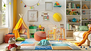 Playful and inspiring 3D children's room with colorful furniture, educational toys, and creative decorations. 3d