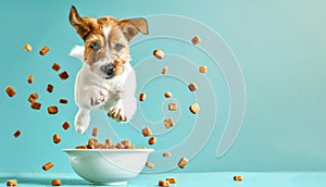 A playful Jack Russell Terrier dog leaps towards a bowl of dry dog food against a vibrant blue backdrop, creating a photo