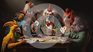 A playful joker playing cards with a group of anthropomorphic