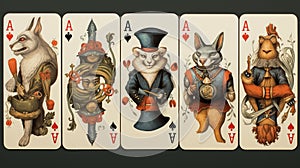 A playful joker playing cards with a group of anthropomorphic animals, creating a humorous and imaginative scene