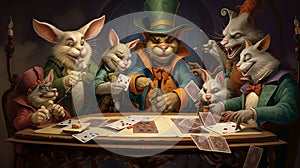 A playful joker playing cards with a group of anthropomorphic animals, creating a humorous and imaginative scene
