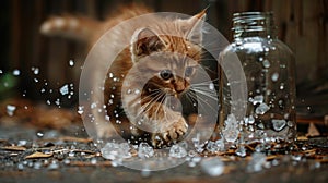 A playful kitten accidentally knocks a delicate vase off a shelf while chasing its tail causing it to shatter into