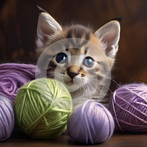 A playful kitten with a ball of yarn tangled around its legs4