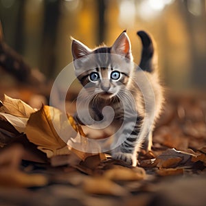 A playful kitten with bright eyes, pouncing on a fallen leaf1