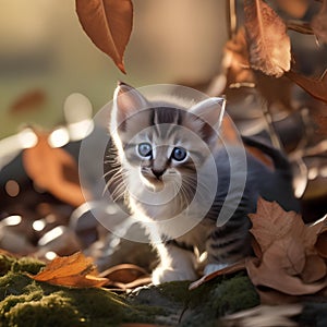 A playful kitten with bright eyes, pouncing on a fallen leaf2