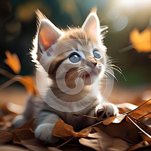 A playful kitten with bright eyes, pouncing on a fallen leaf3