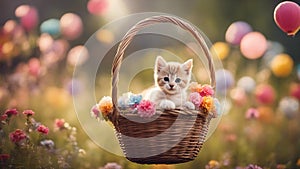 A playful kitten with a chaplet of tiny, colorful paper flowers, sitting in a basket floating