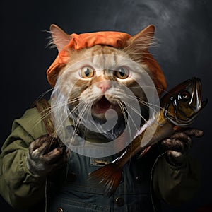 Humorous Cat Holding Fish In Dark Background photo